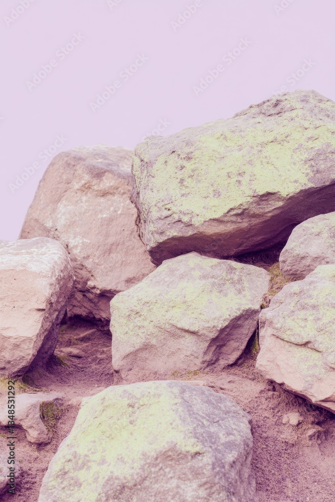 Obraz premium Jagged rock formation with mossy texture against soft earth tone background