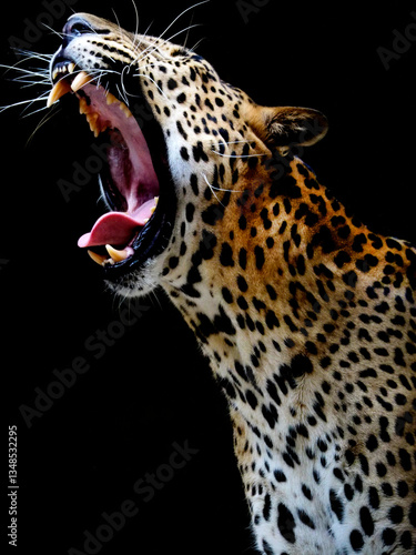 An expression of Leopard with black background. The leopard is one of the five extant cat species in the genus Panthera. It has a pale yellowish to dark golden fur with dark spots grouped in rosettes.
