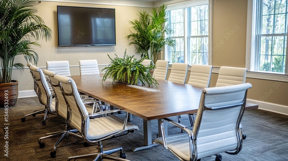 Fototapeta premium A modern conference room with white chairs around a long table, a green plant on the table, a large TV screen on the wall