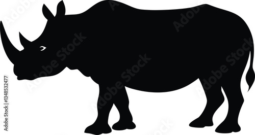 Rhinoceros Silhouette Black Rhino Isolated Vector, Wildlife, Safari Animal, Horned Beast