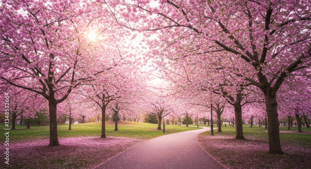 Serene Cherry Blossom Pathway in Bloom During Springtime Afternoon Light Serene Cherry Blossom Pathway in Bloom During Springtime Afternoon Light