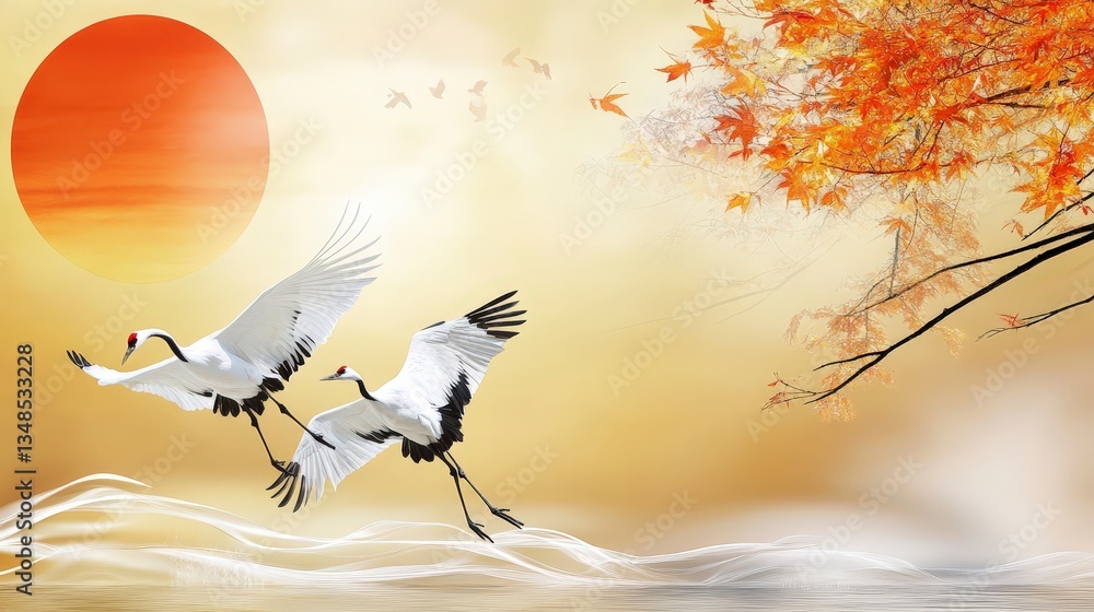 Fototapeta premium Majestic Cranes in Flight Autumn Sunrise Asian Art Oil Painting Style
