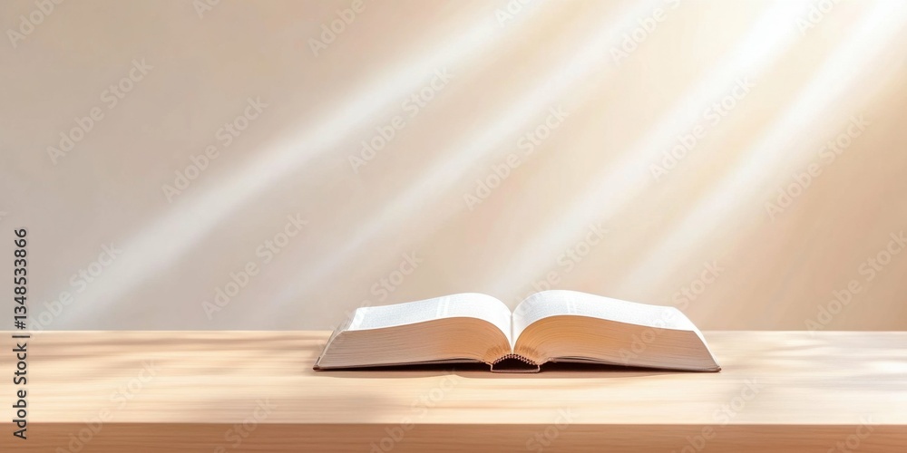 Solitary open book on wooden desk with golden sunlight rays inspiration and serenity for study and reflection Solitary open book on wooden desk with golden sunlight rays inspiration and serenity for study and reflection