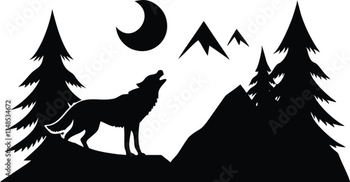 Silhouette Howling Wolf with Trees, Mountains and Crescent Moon Landscape