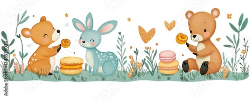 Cute cartoon animals enjoying sweets in a whimsical garden setting, featuring a bear, a rabbit, and colorful macarons.