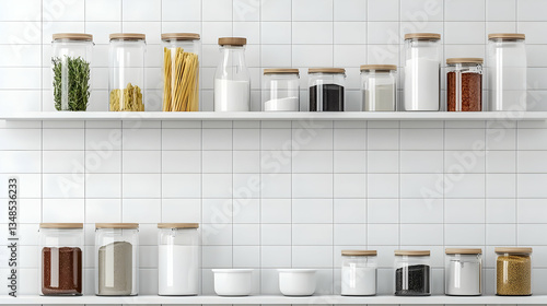 Organized Kitchen Storage With Glass Jars And Wooden Lids On White Shelves