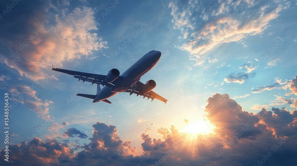 Airplane Flying in Vibrant Blue Sky with Clouds and Sunlight for Travel and Adventure Airplane Flying in Vibrant Blue Sky with Clouds and Sunlight for Travel and Adventure