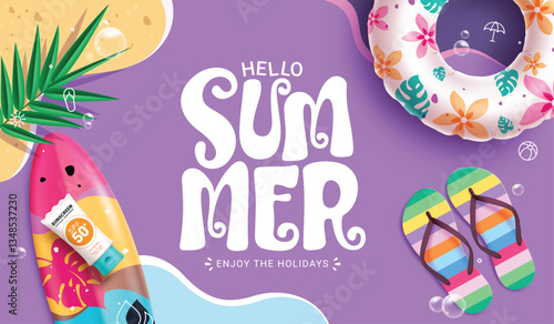 Hello summer background clipart banner design. Summer greeting text in purple abstract background with floaters, surfboard and flipflop
