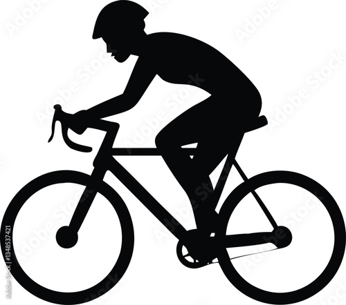 Silhouette of Female Cyclist on Road Bike Wearing Helmet on Isolated White Background