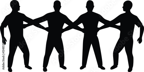 Silhouette of Four People Holding Hands, Teamwork Concept on a Clean, White Backdrop