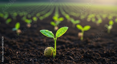 Small green seedling emerging from dark rich soil