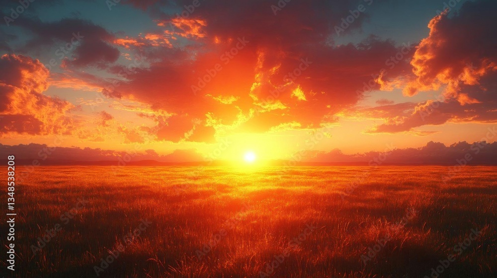 Fototapeta premium Fiery Sunset Over Golden Prairie Landscape