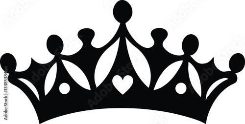 Silhouette of Regal Crown Icon with Heart Motif, Royalty Symbol, Black and White Design