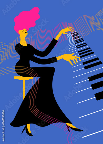 The pianist woman is playing, vector illustration, music festival poster design, concert flyer