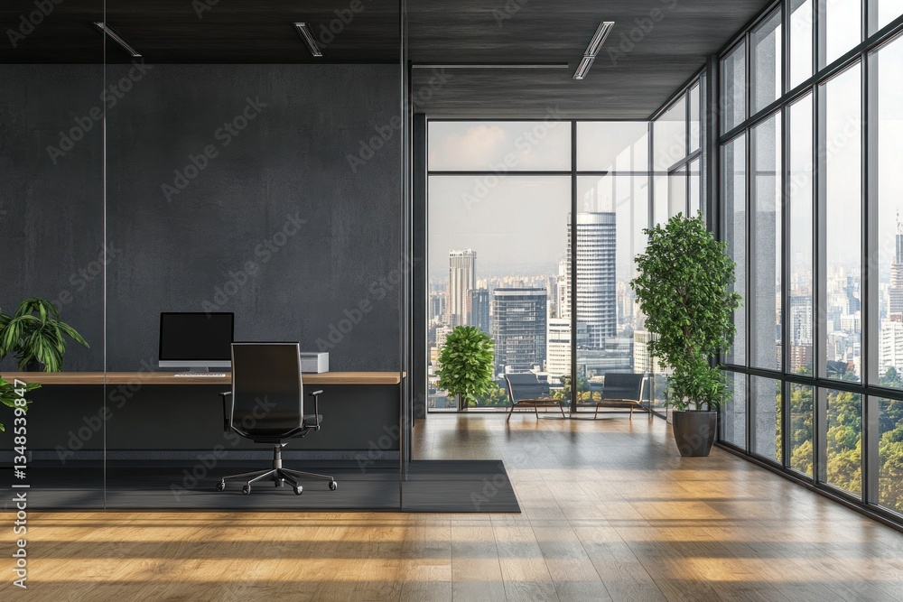 Fototapeta premium An elegant modern office space with cityscape views and furniture