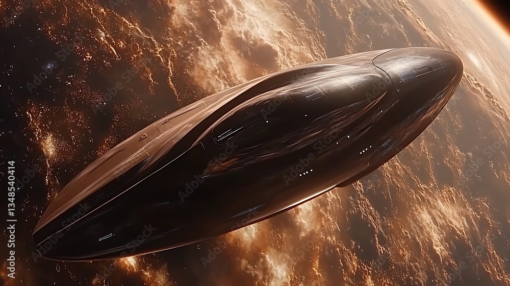 A sleek spacecraft appears to be in orbit above an alien planet A sleek spacecraft appears to be in orbit above an alien planet