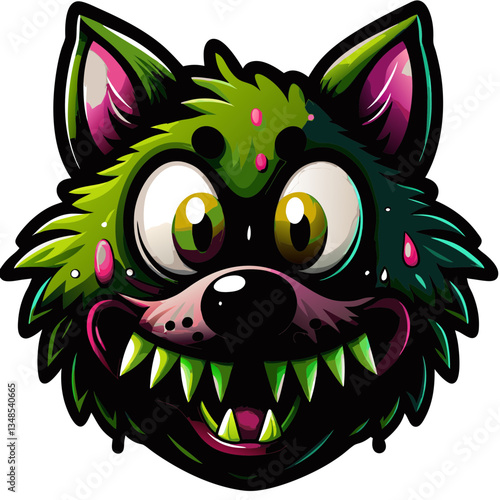 a vibrant cartoon of a ferocious wolf with a scary smile