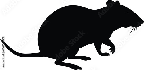 Silhouette Side View of Walking Rat with Detailed Whiskers, Black on White