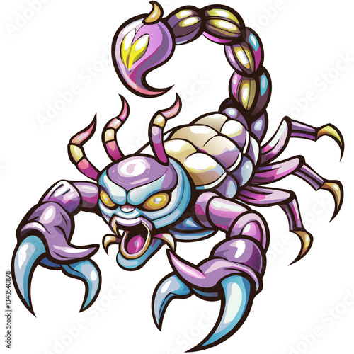 purple cartoon scorpion with a menacing expression, poised to strike with its claws and stinger