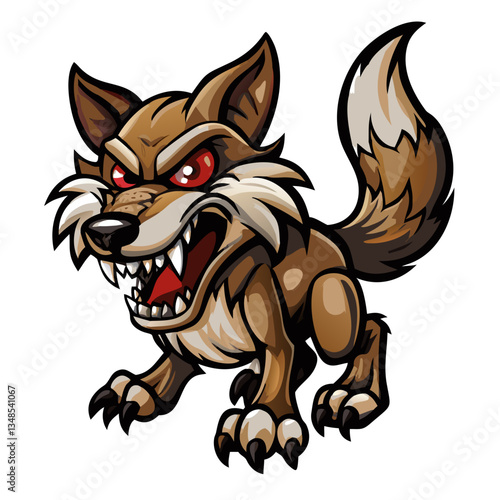 an illustrated image of an aggressive wolf with sharp teeth and intense red eyes. The wolf displays an aggressive stance and is ready to attack