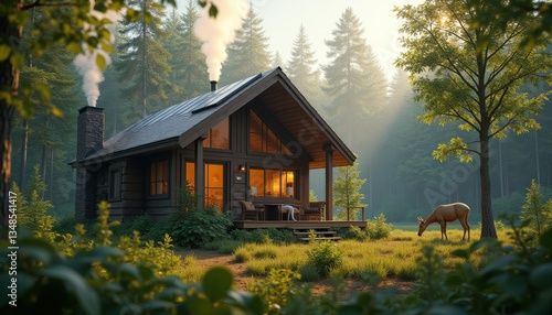 Cozy wooden cabin in the forest with warm sunlight