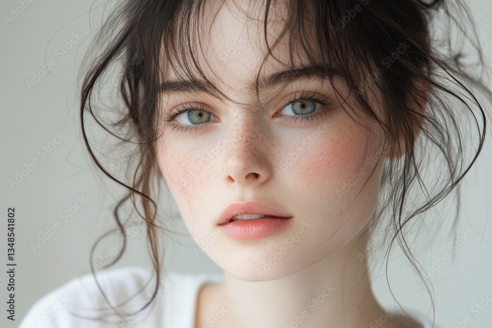Young woman with freckles gazes with serene expression softly Young woman with freckles gazes with serene expression softly
