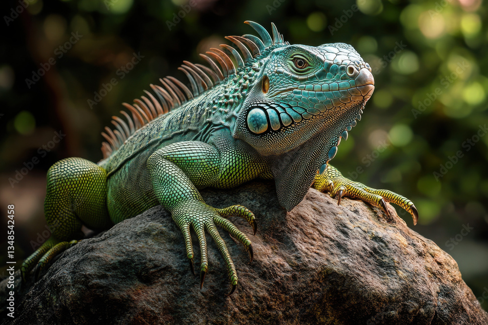 Detailed iguana on textured rock, basking in soft sunlight and serene surroundings Detailed iguana on textured rock, basking in soft sunlight and serene surroundings