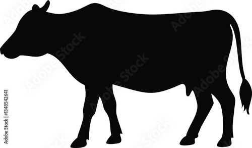 Standing Black Cow Silhouette, Cattle Livestock, Farming Animal, Isolated, Farm Icon