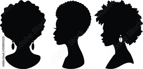 Three Silhouette Profiles of Black Women with Afro Hairstyles and Fashion Earrings