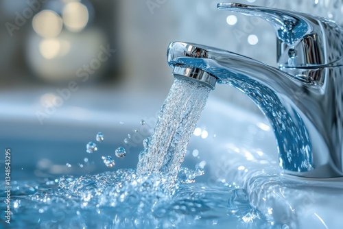 modern chrome faucet with flowing water and splashing drops