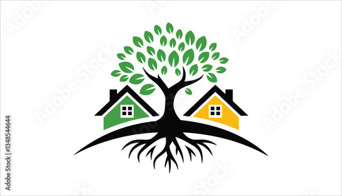 Tree Growing Between Houses Eco-Friendly Concept.