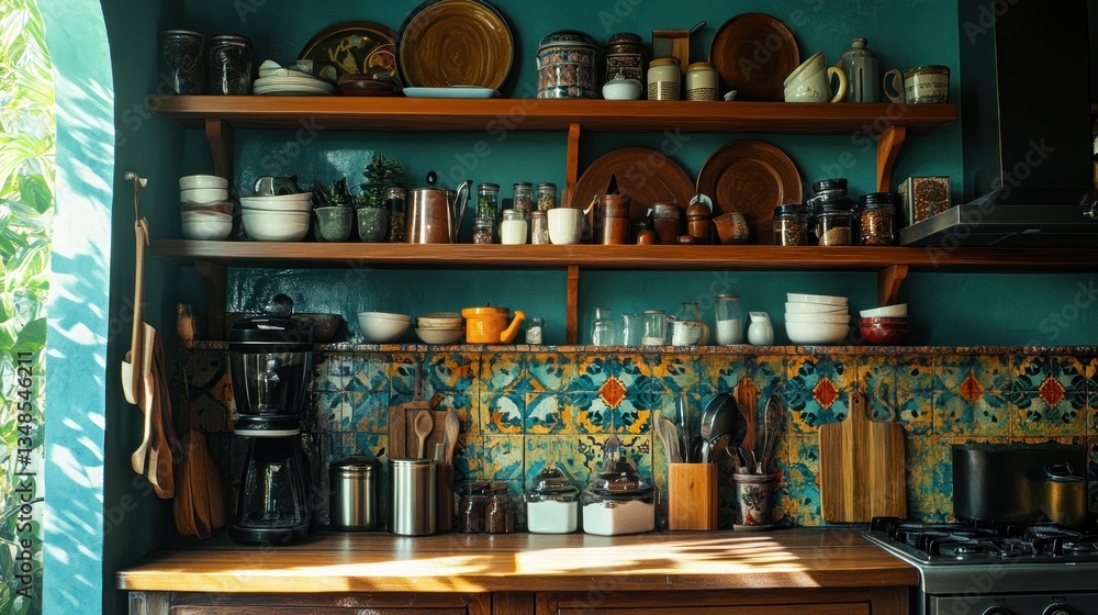 A colorful and well equipped kitchen with open wooden shelves A colorful and well equipped kitchen with open wooden shelves