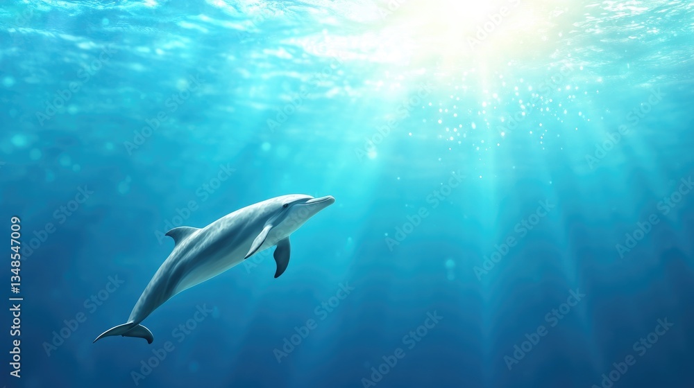 Fototapeta premium Dolphin swimming underwater, sunlight rays