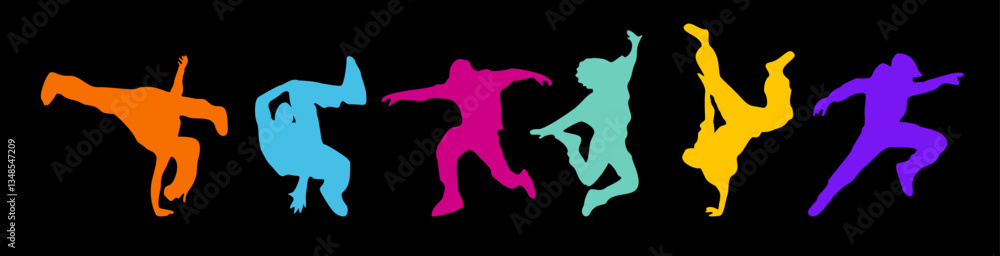 Set of dancing people colorful bright silhouettes on black background. Break dance, hip-hop street dancer isolated Set of dancing people colorful bright silhouettes on black background. Break dance, hip-hop street dancer isolated