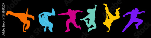 Set of dancing people colorful bright silhouettes on black background. Break dance, hip-hop street dancer isolated