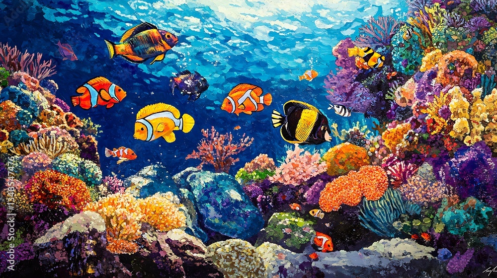 Fototapeta premium Vibrant Coral Reef With Colorful Fish Swimming