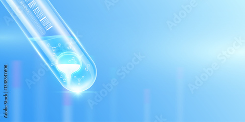 Bladder transparent and molecule in glass test tube with empty space for text. Human internal organ anatomy sample science research experiment. Medical scientific concept. Banner vector.