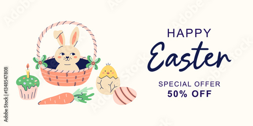 Happy Easter horizontal banner with hare in basket on beige background. Design with text for discount. Happy Easter hand drawn card. Flat illustration with partial outline. Vector illustration.