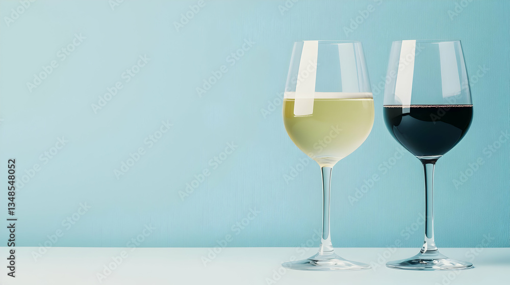 Two Wine Glasses With White And Red Wine On Light Blue Background Two Wine Glasses With White And Red Wine On Light Blue Background