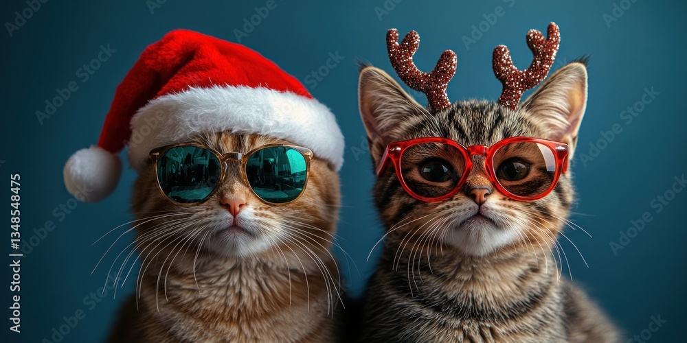 Funny Christmas Cats with Santa Hats and Sunglasses in Blue Background Festive Holiday Greeting Card Funny Christmas Cats with Santa Hats and Sunglasses in Blue Background Festive Holiday Greeting Card