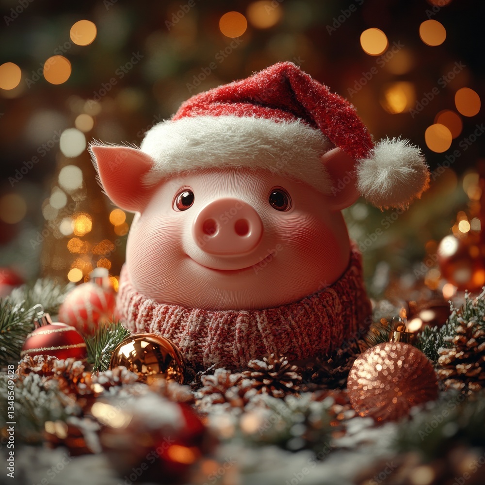 custom made wallpaper toronto digitalFestive Piggy Bank with Santa Hat Surrounded by Christmas Decorations and Warm Bokeh Lights