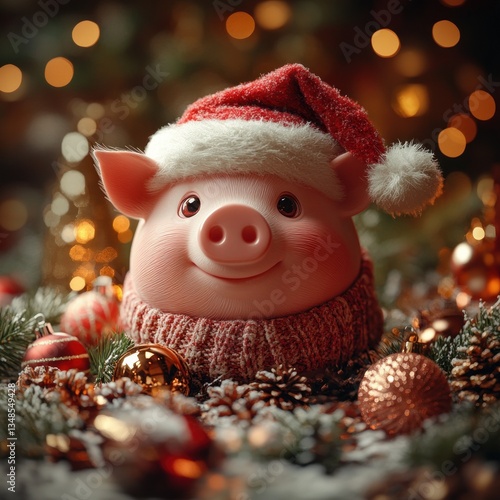 Wallpaper Mural Festive Piggy Bank with Santa Hat Surrounded by Christmas Decorations and Warm Bokeh Lights Torontodigital.ca