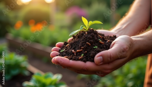 Hands holding a young seedling growing from soil