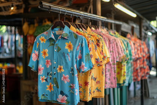 Wallpaper Mural Traditional Songkran flower shirts hang on racks at a street market. Songkran festival. Generated by artificial intelligence Torontodigital.ca