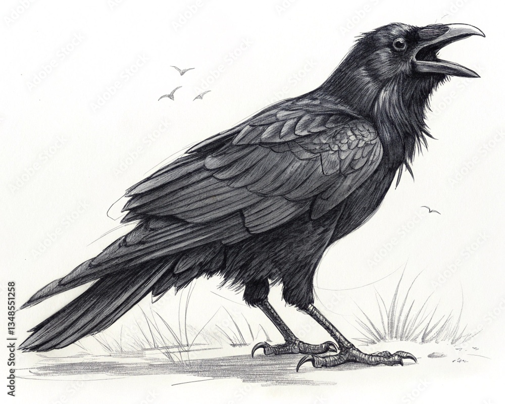 Fototapeta premium An artistic charcoal sketch of a crow with rough and expressive strokes, Artwork, charcoal on rough grain paper with deep shadows and highlights, sketch of a raven, crow on the ground