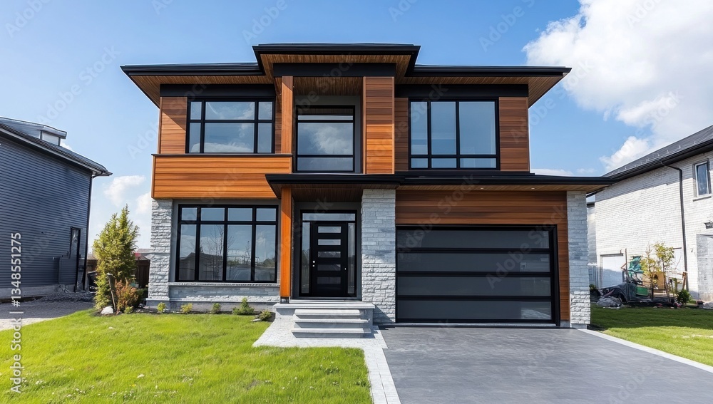 Modern residential home with contemporary architecture and attractive landscaping Modern residential home with contemporary architecture and attractive landscaping