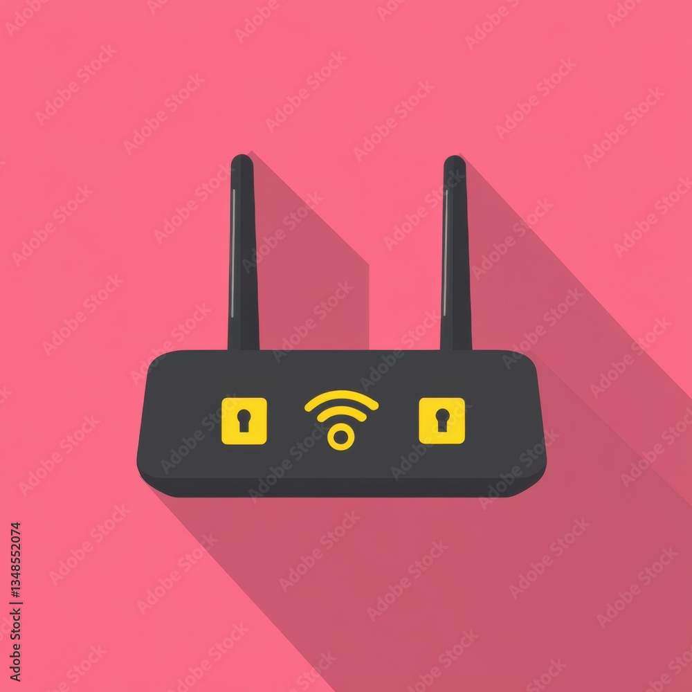 Cybersecurity Flat Art Style Icon. Black Wifi Router with Antennas on Pink Background Cybersecurity Flat Art Style Icon. Black Wifi Router with Antennas on Pink Background