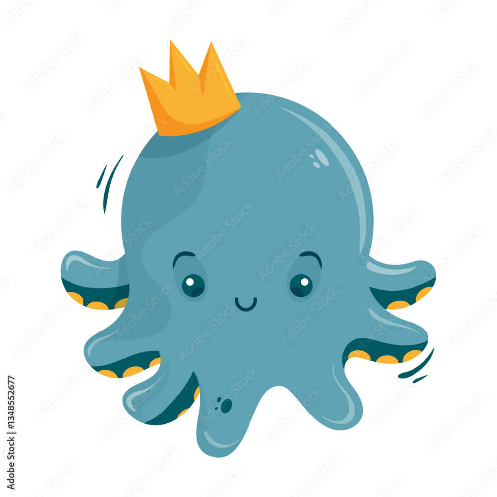 Illustration vectorielle d'un petit bébé poulpe mignon qui porte une couronne - Dessin enfantin pour illustration jeunesse, édition ou décoration pour un événement d'enfant - Personnage marin adorable Illustration vectorielle d'un petit bébé poulpe mignon qui porte une couronne - Dessin enfantin pour illustration jeunesse, édition ou décoration pour un événement d'enfant - Personnage marin adorable