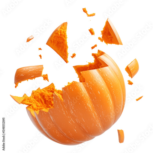 Cracked Pumpkin with Shattered Pieces Flying Away
