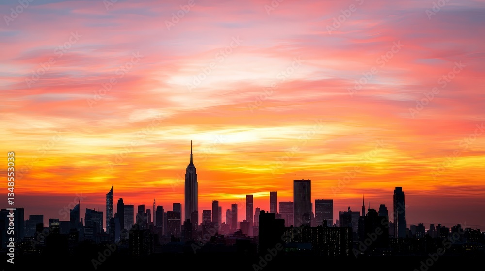 Fototapeta premium Fiery Sunset Skyline Cityscape Silhouette at Dawn